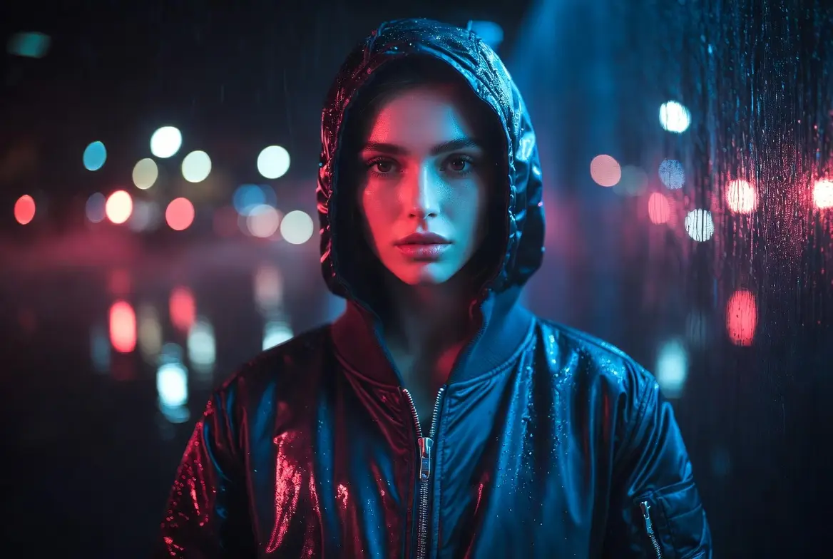 A moody streetwear portrait with dramatic lighting contrast and a sharp editorial tone.
