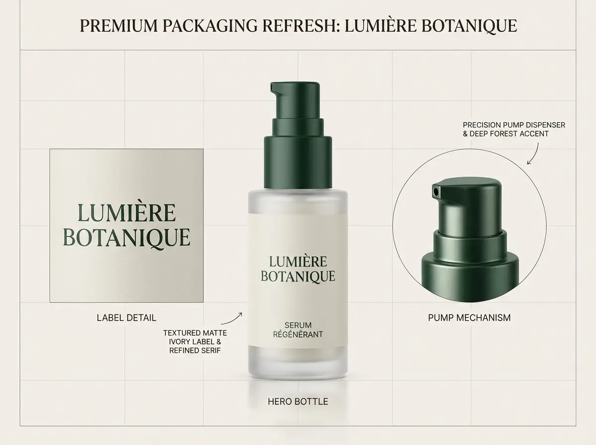 A luxury packaging refresh board for a glass skincare serum bottle with clean labels and a polished, intentional layout.