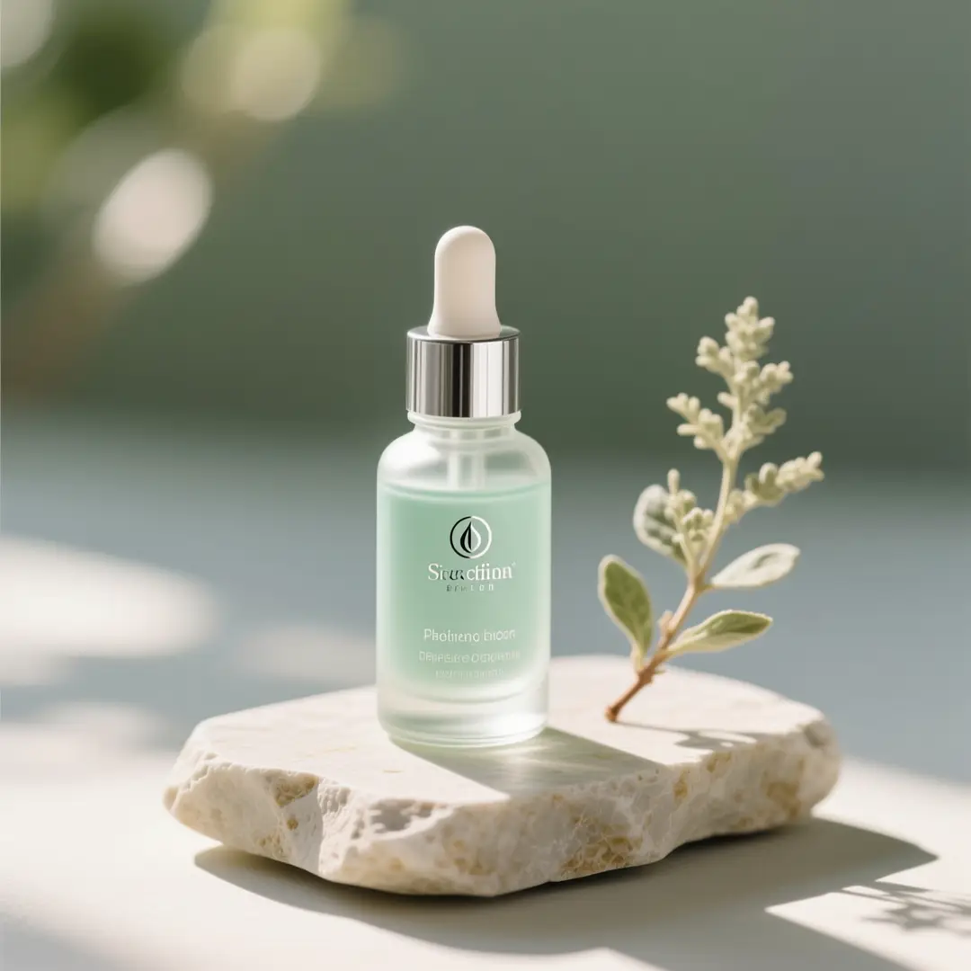 A beauty still-life concept with serene palette control and exact product rendering.