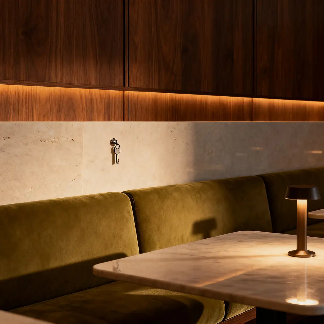 A hotel lounge key visual highlighting clean materials, controlled lighting, and a polished hospitality vibe.