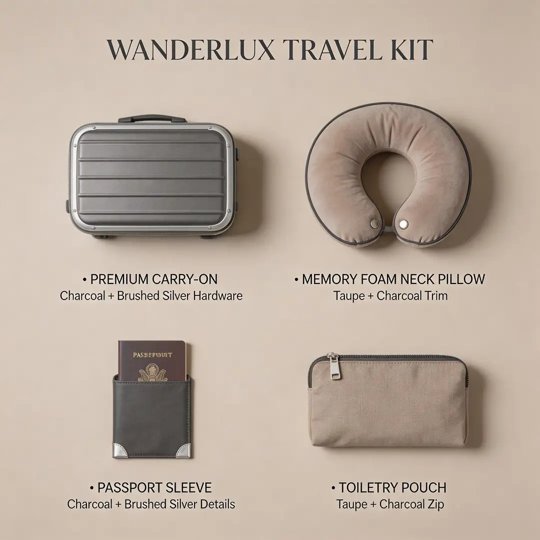 A premium travel kit concept board showcasing coordinated products, polished materials, and a clean review-style layout.