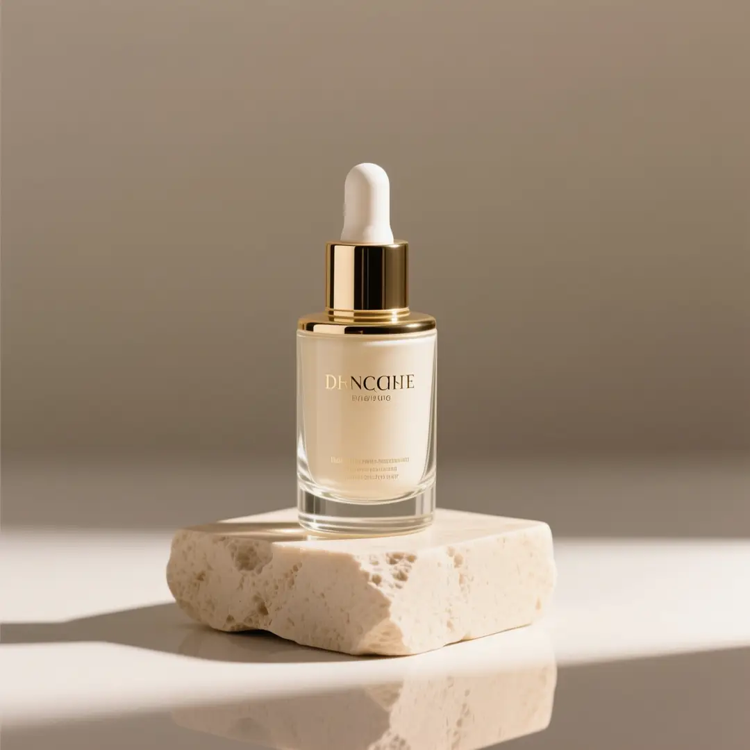 A premium glass skincare bottle sitting on a light beige stone pedestal, illuminated with soft studio lighting.