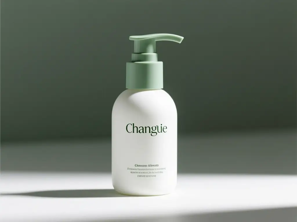 A matte white skincare pump bottle with sage green accents generated via a reference-driven packaging refresh prompt.